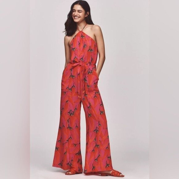 NWT Size S - Farm Rio x Anthropologie Halter Jumpsuit (NWT USD 178) - Picture 1 of 14